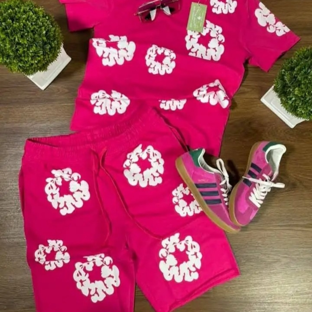 Pink and White Graphic T-Shirt and Shorts Set
